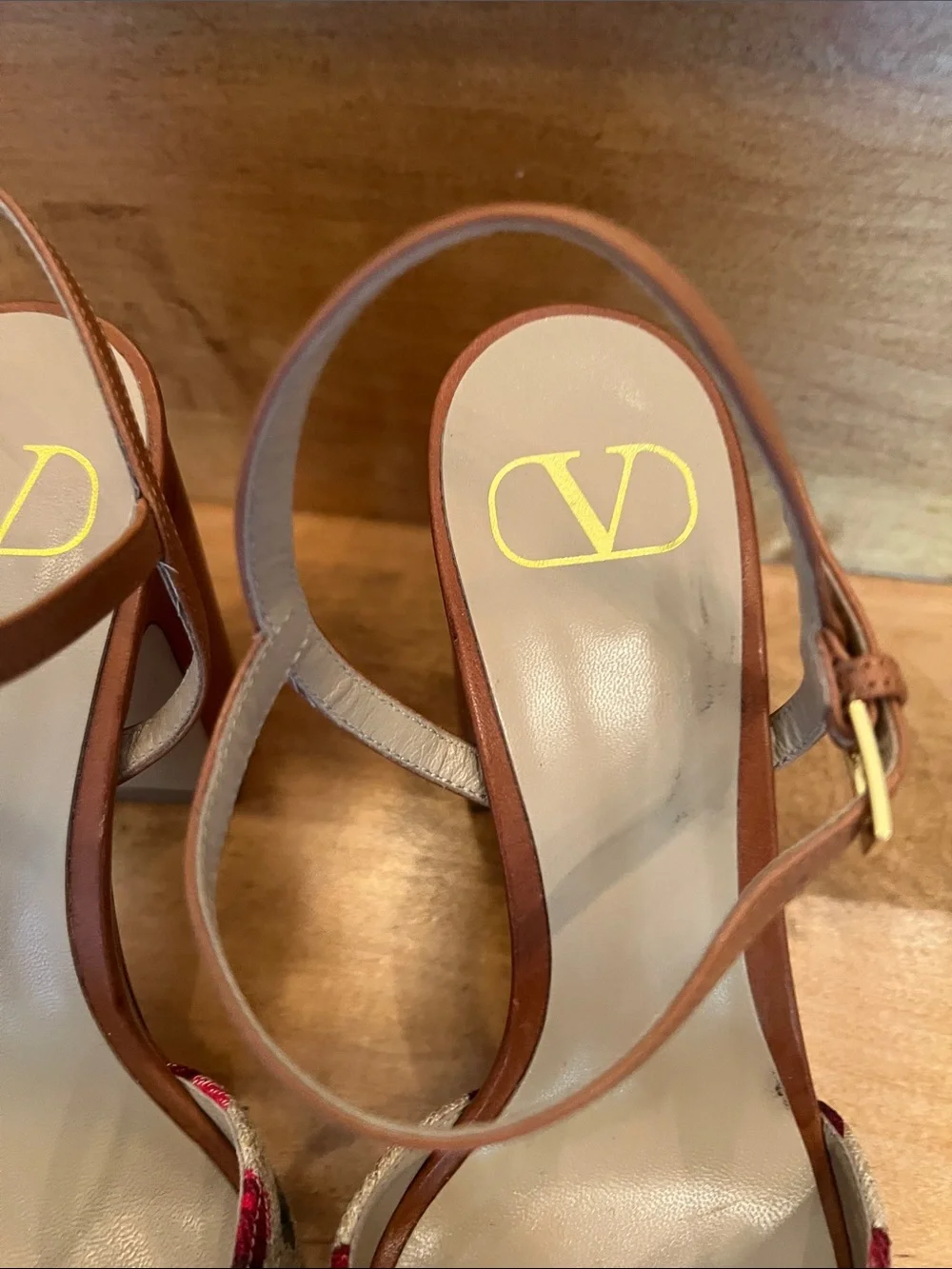 Valentino Garavani Brown Leather Slingback Sandals with Red Cherry Embroidery